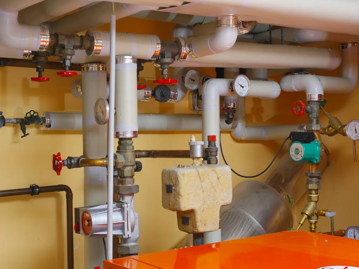 Centrale termica con caldaia, collettori e tubazioni di impianto